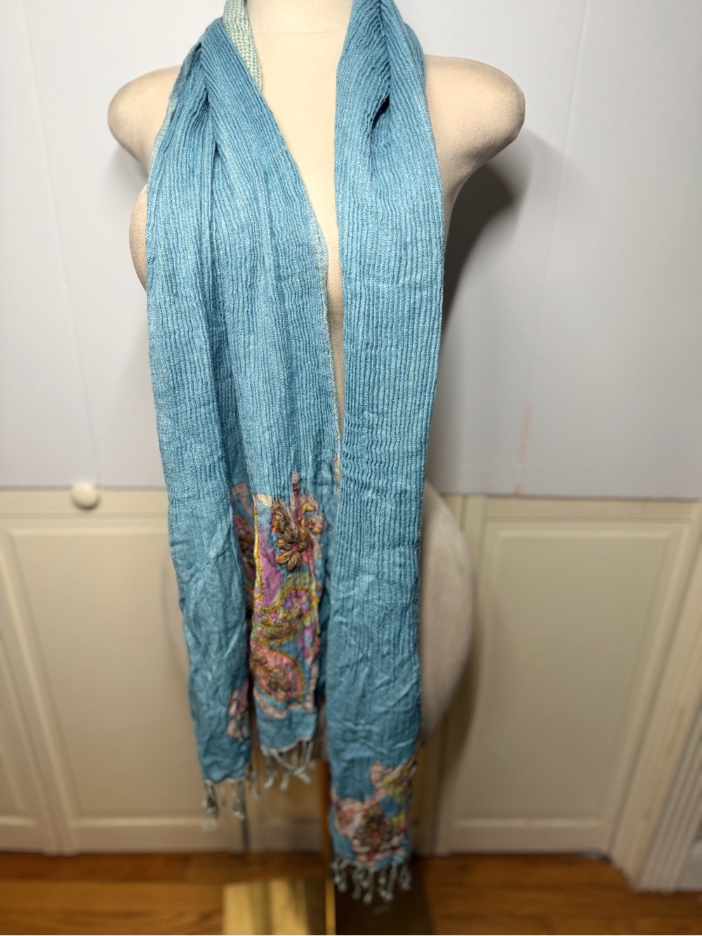 Crinkle Scarf Embroidered Floral Fringe Boho Cottagecore Art to Wear